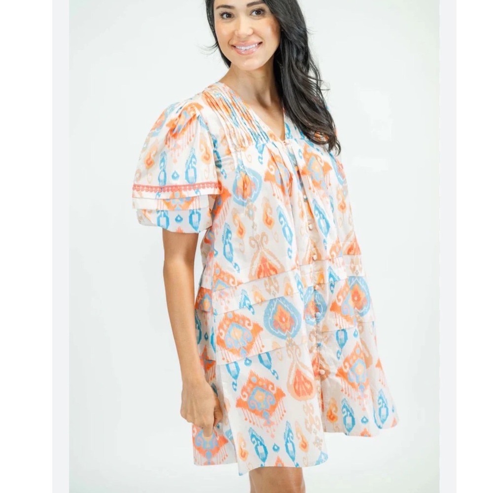 Marigold by Victoria Dunn‎ Ikat Mini Dress Womens M Orange Blue Boho Puff Sleeve